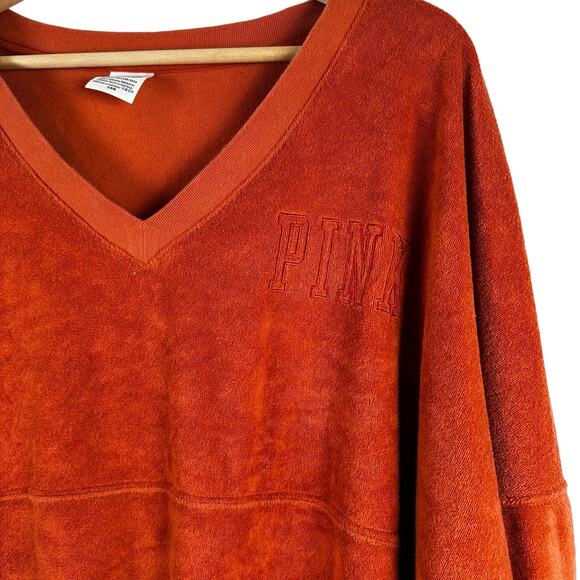 Victoria's Secret Pink Varsity Terry V-Neck Long Sleeve Orange Sweater Size XL - Picture 2 of 12